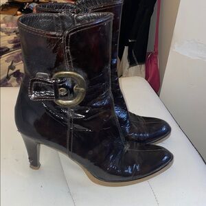 Stuart Weitznan Patent Leather Ankle Boots with Buckle - Black
